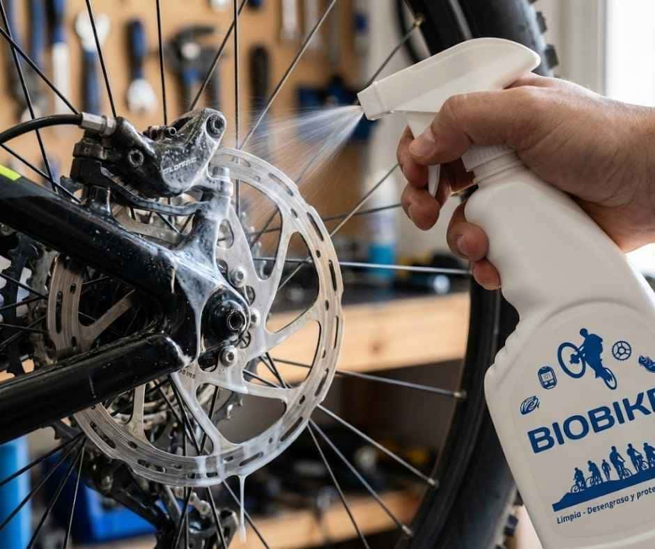 Aplicación de limpiador específico Biobike en spray sobre la transmisión, demostrando una limpieza segura que no oxida tornillos ni contamina los frenos, a diferencia de los jabones domésticos.