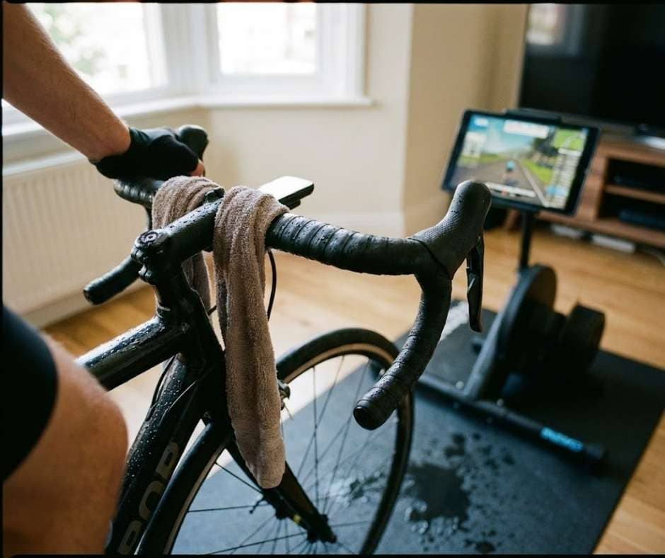 Bicicleta preparada para entrenamiento indoor con una toalla protectora colocada sobre el manillar y la potencia para absorber el sudor y evitar daños por corrosión.