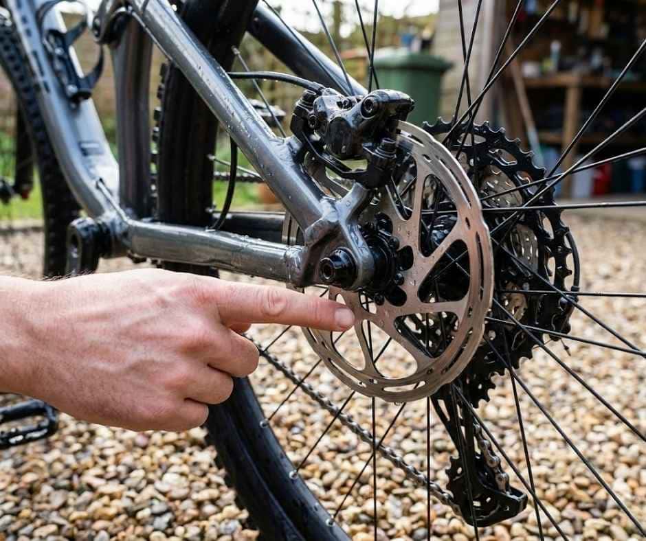 Inspección de disco de freno de bicicleta limpio y sin residuos, ilustrando la importancia de usar limpiadores específicos que no contaminan las pastillas, a diferencia del detergente lavavajillas común.