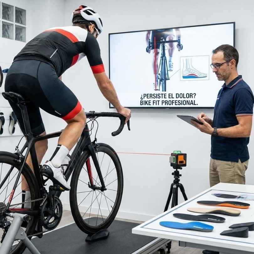 Estudio biomecánico (Bike Fit) profesional para ciclista. Uso de alineación láser y análisis digital para ajustar las medidas exactas de la bicicleta y prevenir dolor de rodilla.