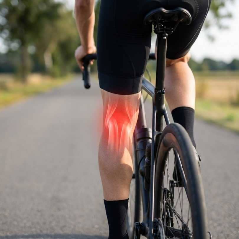 Pierna de ciclista pedaleando con un círculo rojo que indica dolor en la parte trasera de la rodilla (posterior). Síntoma biomecánico de llevar el sillín demasiado alto o retrasado.