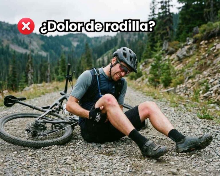 Ciclista de montaña sentado en el suelo agarrándose la rodilla con dolor. Representa las lesiones articulares comunes por un mal ajuste biomecánico en la bicicleta.