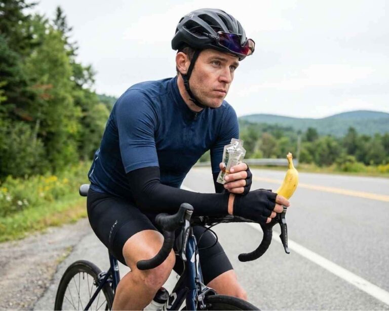 Ciclista de ruta comiendo un plátano en marcha durante un fondo de 100 km. Estrategia de nutrición mixta: comida sólida natural vs geles energéticos para evitar la pájara.