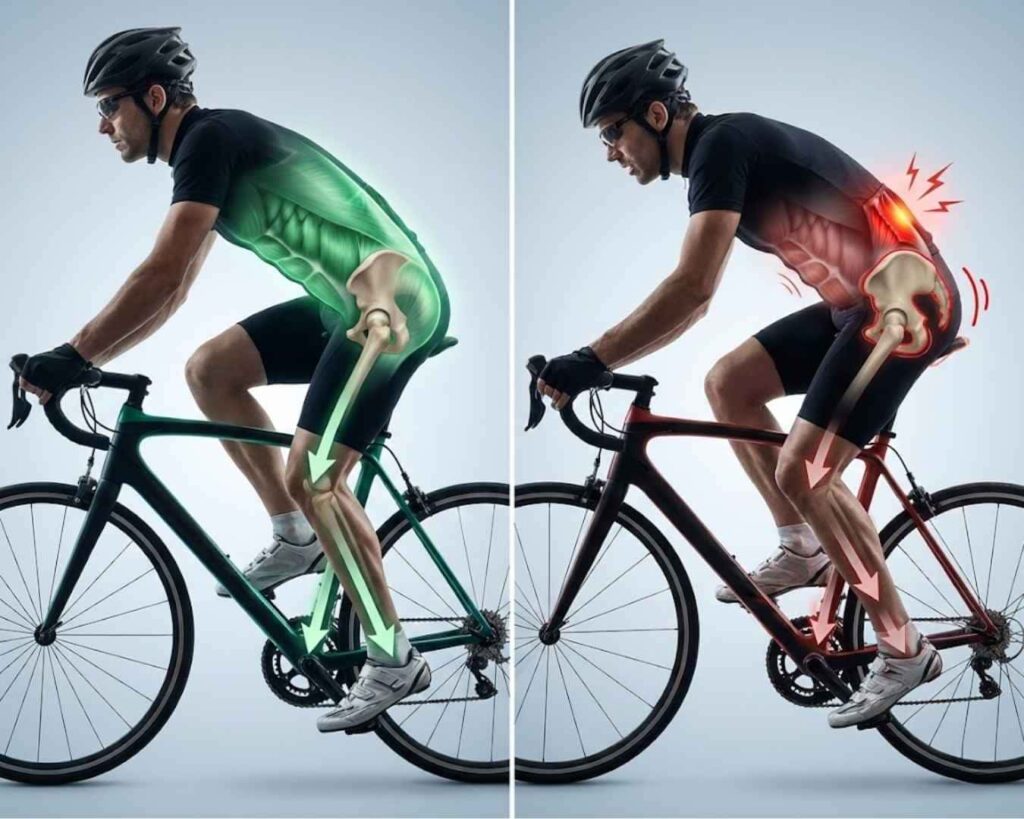Comparación estilo Rayos X: Ciclista con alineación correcta (verde) vs Ciclista con compresión lumbar y dolor (rojo). Muestra la curvatura de la columna sobre la bicicleta.