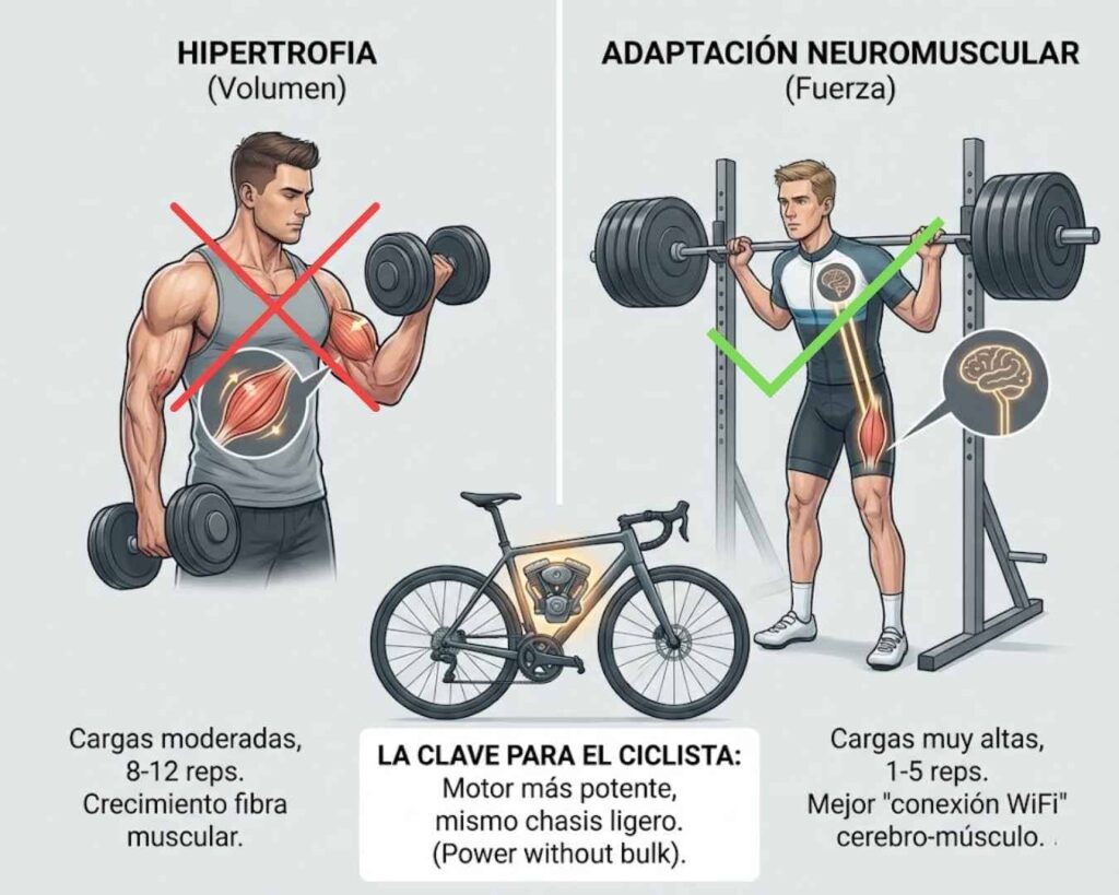 Comparación visual: Entrenamiento de Hipertrofia (culturista) vs Fuerza Máxima (ciclista haciendo sentadillas). Muestra la adaptación neuromuscular necesaria para mejorar vatios sin ganar peso.