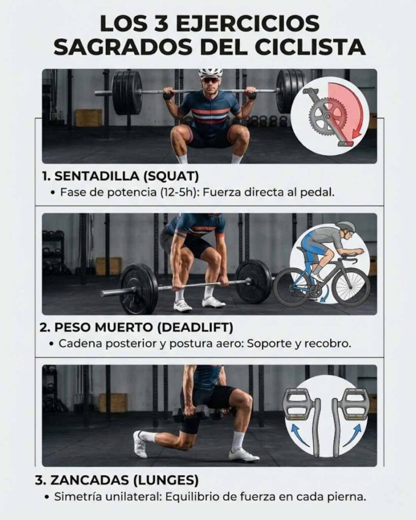 Infografía de los 3 ejercicios sagrados para ciclistas: Sentadilla (Squat), Peso Muerto (Deadlift) y Zancada (Lunge). Muestra la técnica correcta para fortalecer piernas y glúteos.