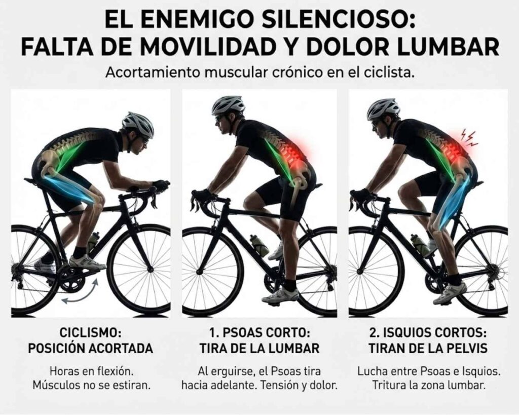 Infografía de los factores biomecánicos del dolor lumbar: 1. Posición adaptada, 2. Psoas corto tirando de la lumbar (lordosis) y 3. Isquiotibiales cortos tirando de la pelvis (retroversión).