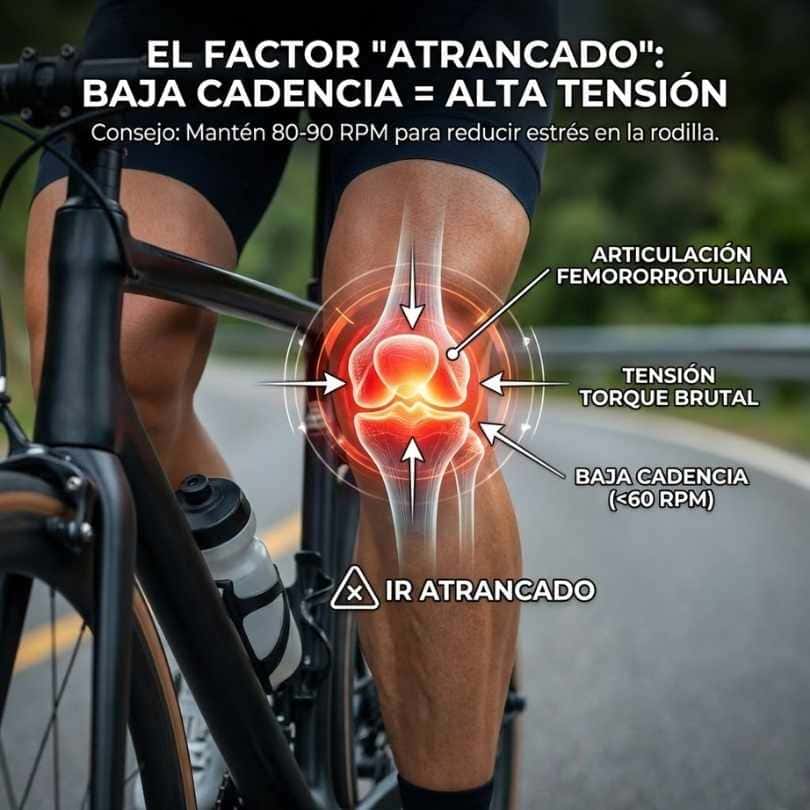 Infografía biomecánica: Rodilla de ciclista sufriendo alta tensión articular por pedalear "atrancado" (baja cadencia o RPM). Muestra la sobrecarga en la rótula al usar desarrollos muy duros.