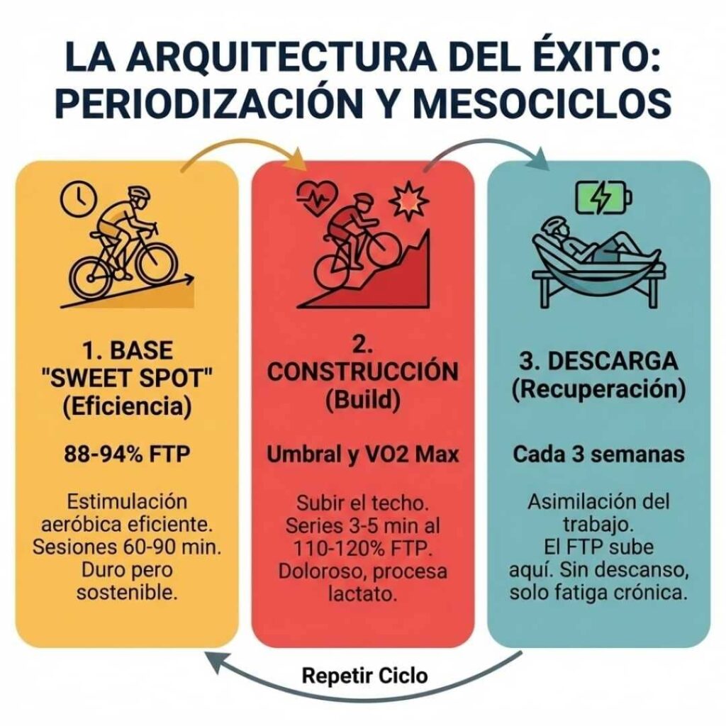 Infografía de plan de entrenamiento ciclista: fases de base Sweet Spot, construcción de umbral y semana de descarga para principiantes.