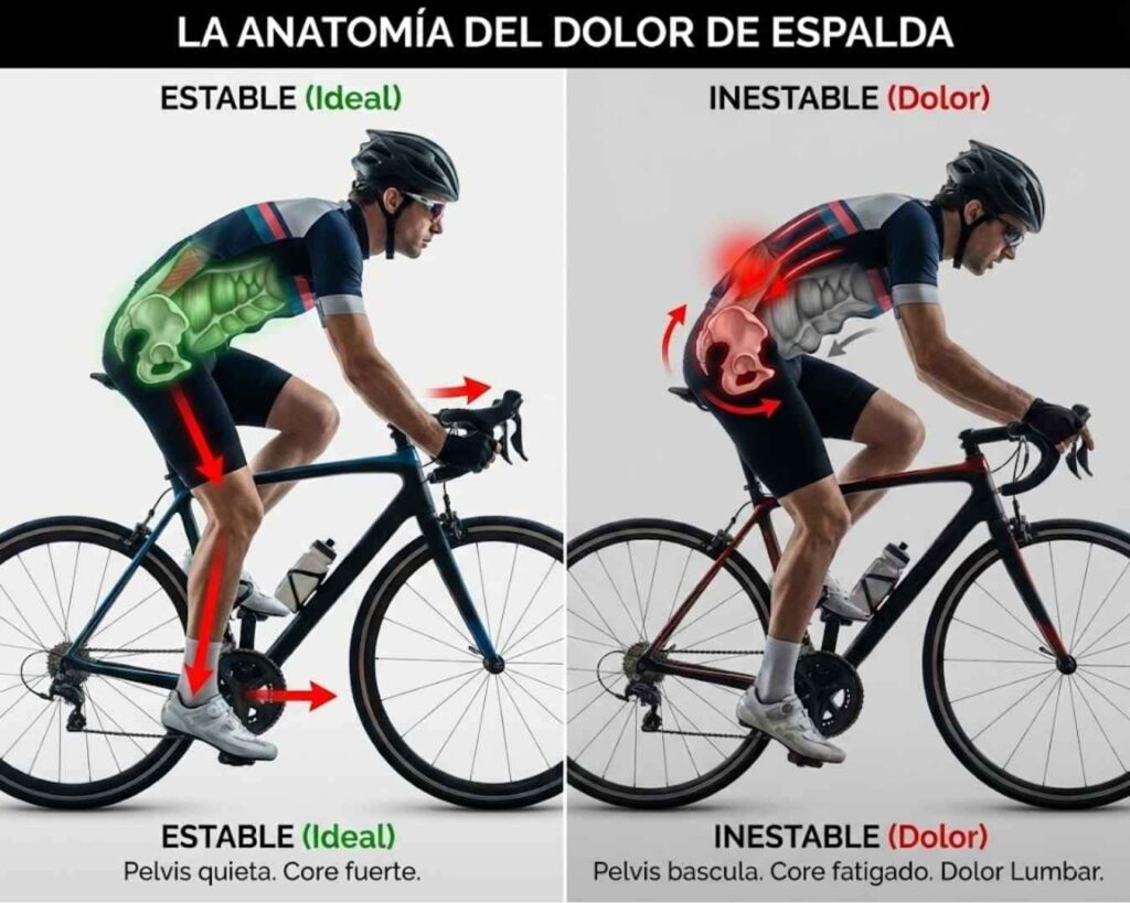 Comparación visual: Postura estable con core activo (sin dolor) vs Postura inestable con colapso lumbar (dolor crónico). Muestra la anatomía del dolor en ciclismo por falta de soporte.