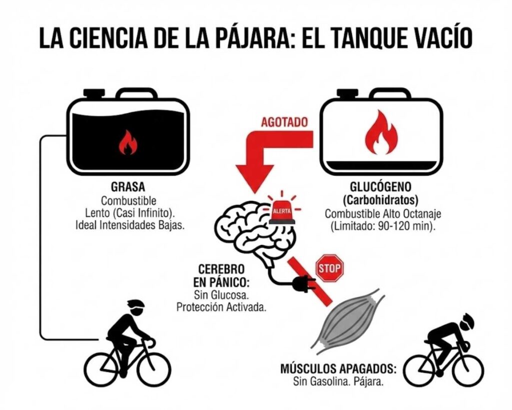 Infografía del proceso fisiológico de la pájara o hipoglucemia: comparación de reservas de glucógeno llenas vs vacías y la señal de bloqueo del cerebro.