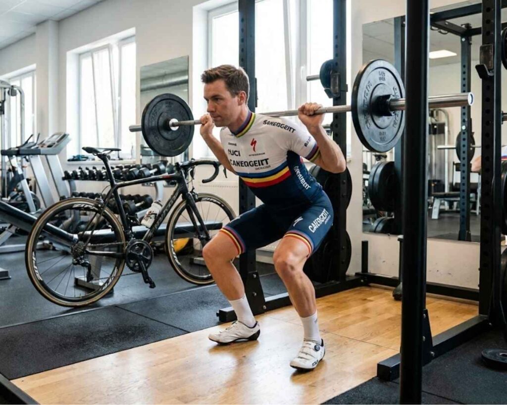 Ciclista de carretera con equipación completa realizando una sentadilla con barra en un gimnasio para entrenamiento de fuerza y potencia.