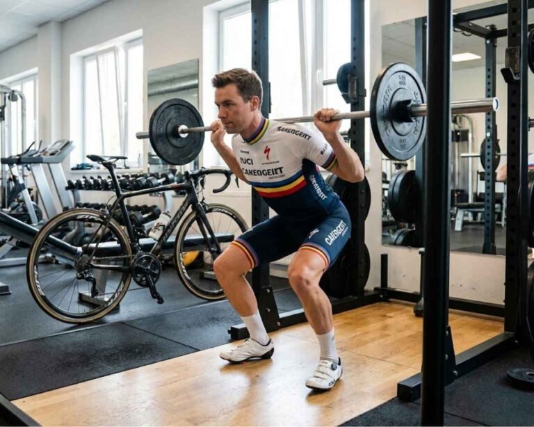 Ciclista de carretera con equipación completa realizando una sentadilla con barra en un gimnasio para entrenamiento de fuerza y potencia.