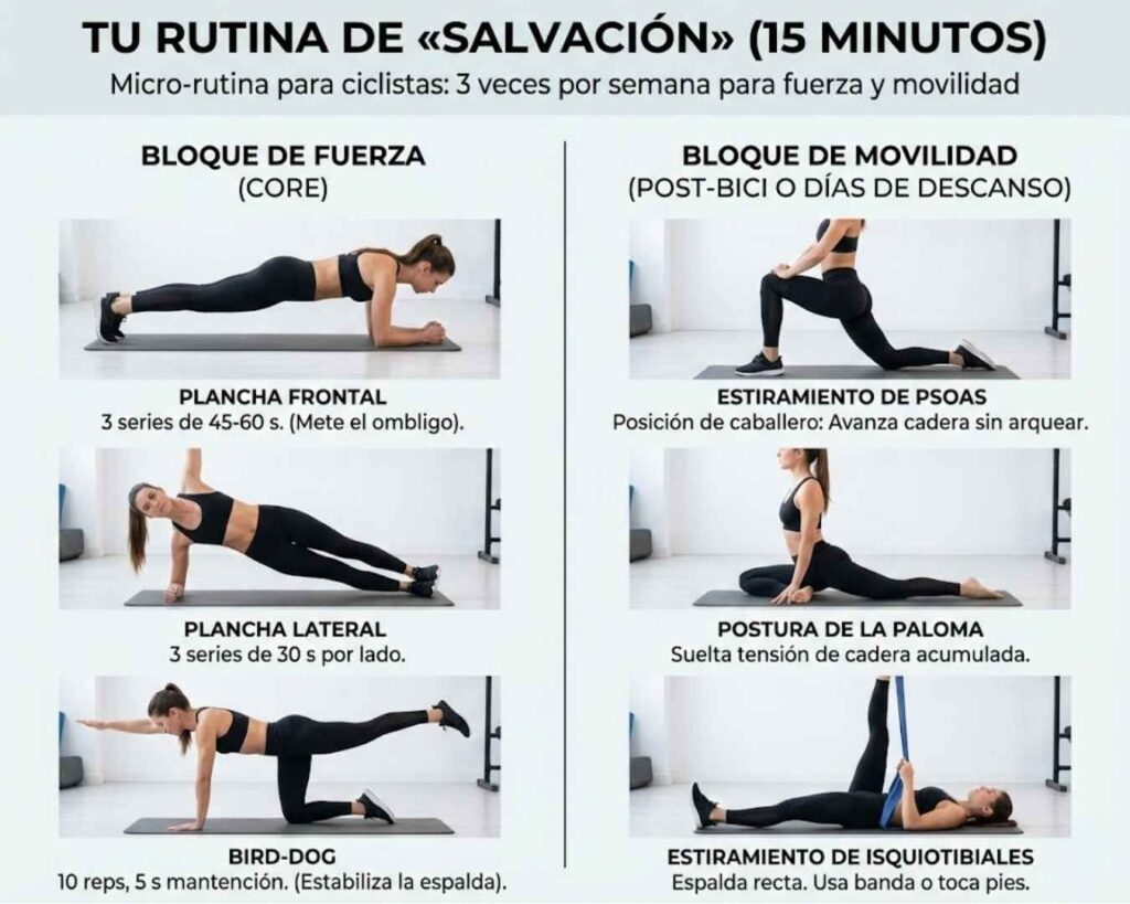 Infografía de rutina de 15 minutos para aliviar dolor de espalda en ciclistas. Incluye ejercicios de estabilidad de core (planchas) y estiramientos de psoas e isquiotibiales.