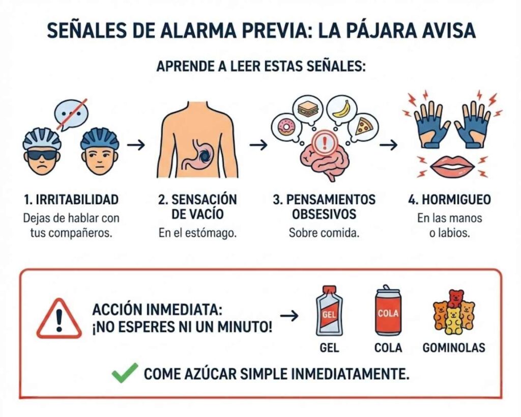 Infografía de las 4 señales de alarma de la pájara: irritabilidad, sensación de vacío, pensamientos obsesivos y hormigueo, con remedios de azúcar rápida.