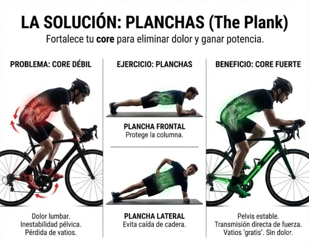 Infografía solución dolor lumbar ciclismo: Planchas (The Plank) para fortalecer el core. Comparación visual entre pedalear con core débil (dolor) vs core fuerte (potencia).