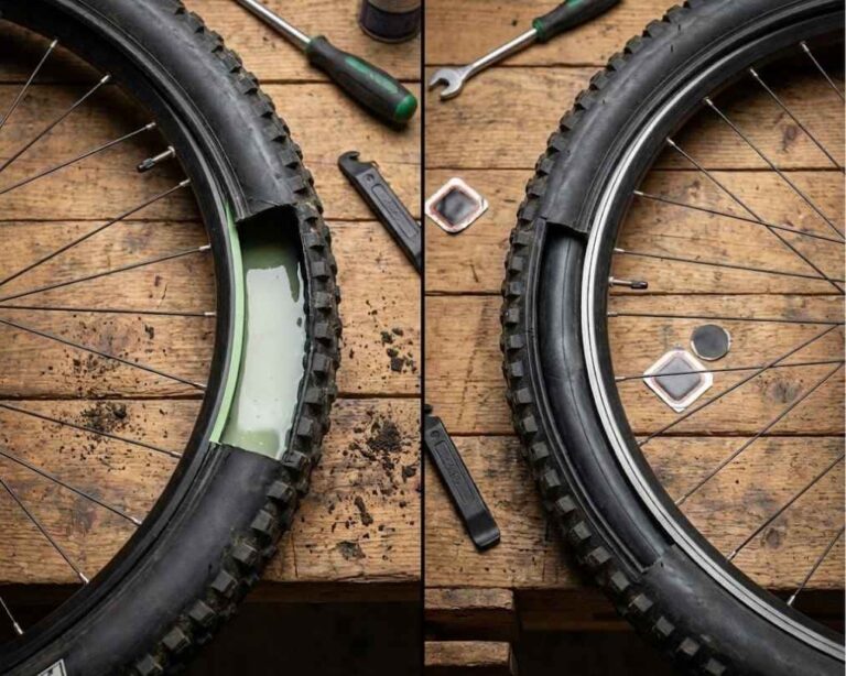 Vista superior en taller de dos neumáticos de bicicleta cortados: a la izquierda una llanta tradicional con cámara de aire (inner tube), y a la derecha un sistema Tubeless. Portada de la comparativa.