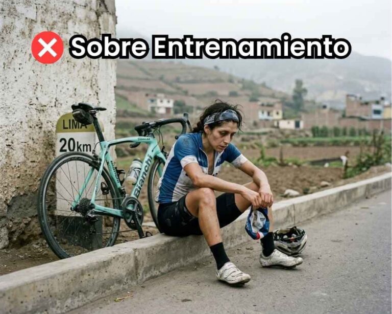 Ciclista de carretera sentada en la acera mostrando signos de agotamiento físico y mental (burnout). Portada del artículo sobre Síndrome de Sobreentrenamiento (OTS).